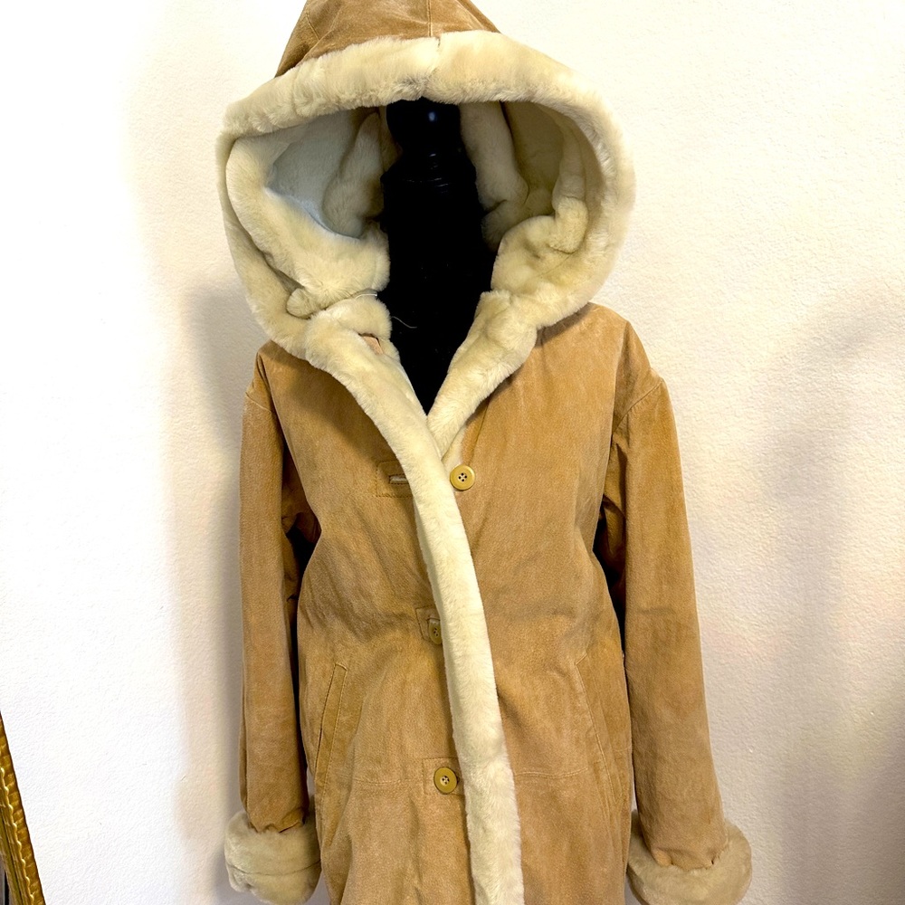 WILSON LEATHER *Taupe 100% Leather Faux Shearling Trim Penny Trench (NEVER WORN)